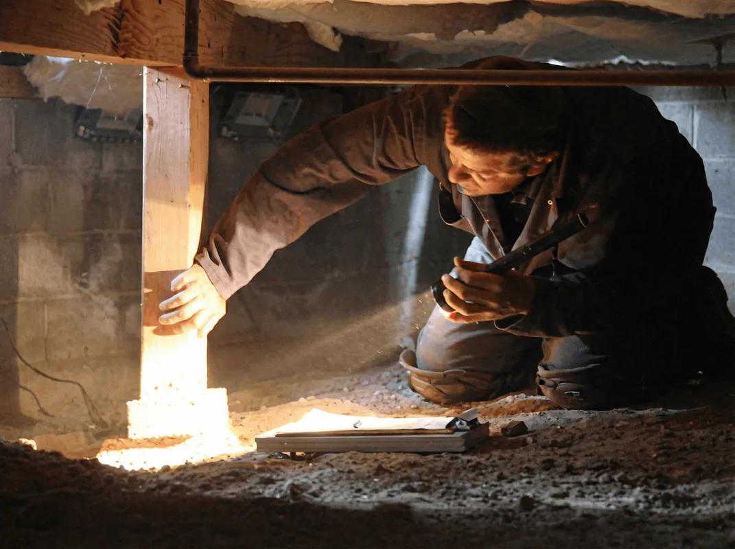 A professional inspecting wooden beams under the floor of a structure in Ann Arbor, MI